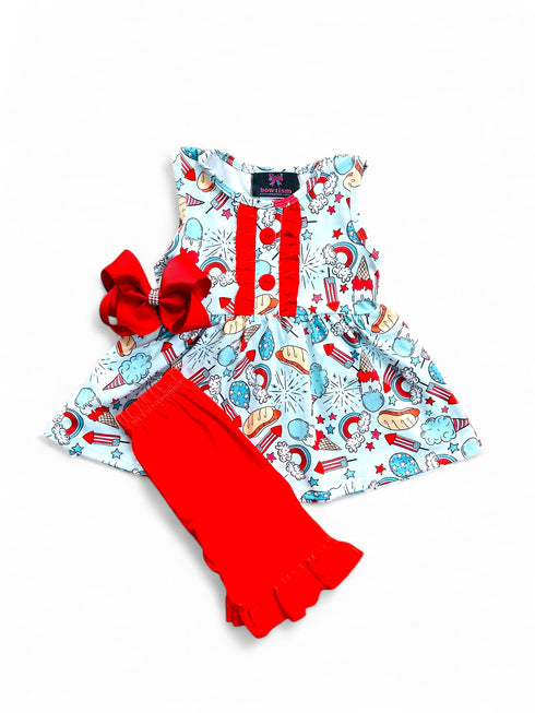 Girls Patriotic Picnic Ruffle Shorts Set with Matching Bow - Bowtism
